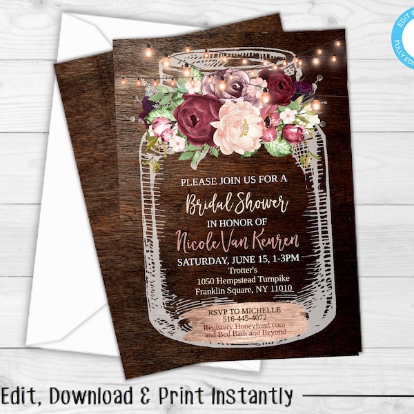 Bridal Shower Invites, Rustic Bridal Shower Invitation, Mason Jar Bridal Shower Invitation, Floral Bridal Shower Invitation, Country Chic