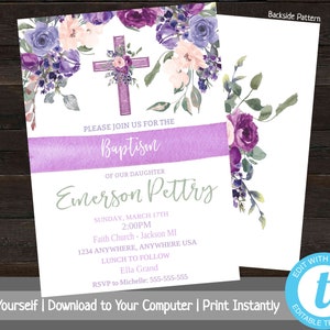 Doop uitnodiging meisje, doop uitnodiging instant download, bloemen, doop, bewerkbare doop uitnodiging, baby toewijding, paars, kruis