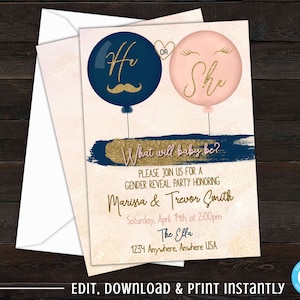 Gender Reveal Invitation, Baby Gender Reveal Party, Lashes or Staches, stashes  Blush Pink and Blue, He or She, Boy or Girl, Editable Invite