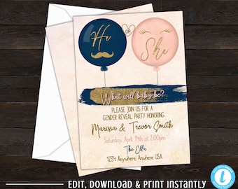 Lashes or Staches Gender Reveal Invitation, Baby Gender Reveal Party,Blush Pink and Navy Blue, He or She, Boy or Girl, Editable Invite