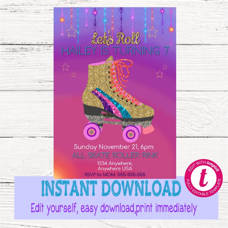 Skating Invitation Skate Birthday Invite Girl Roller Skate Etsy