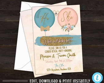 Gender Reveal Invitation, Gender Reveal Party Invite, Balloon Baby Shower Invite, Blue or Pink, He or She, Boy or Girl, Instant Download