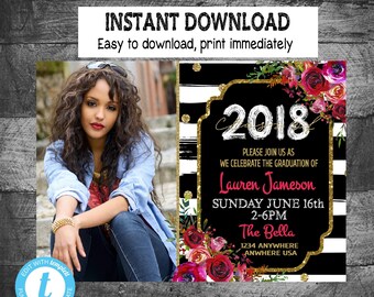 Abschluss einladung | Florale Abschlussankündigung Foto | Druckbare | Bearbeite dich | Sofort Download | Streifen | Grad Foto Einladung