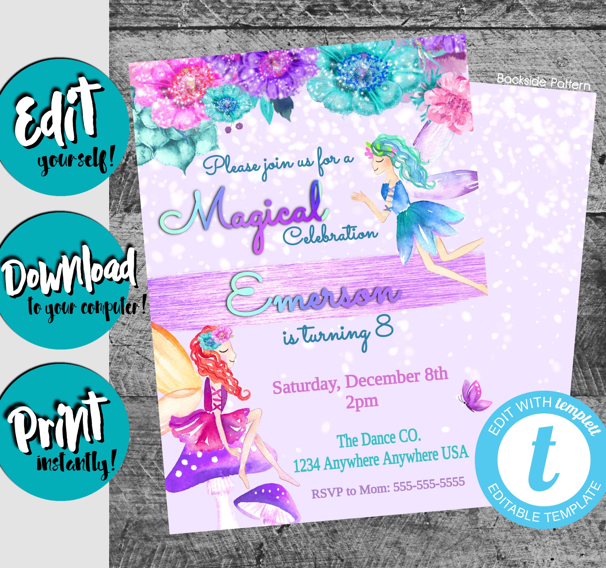 Fairy Birthday Invitation, Girl Birthday Party Invite, Floral Fairy Birthday Invite, Printable Invitation, Purple Birthday Party Invitation