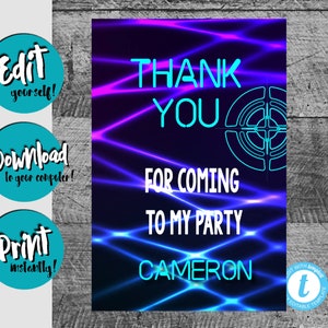 LASER TAG Birthday Thank You| Laser tag thank you card | Birthday | Neon | Chalkboard | Edit Yourself | Instant Download | Printable