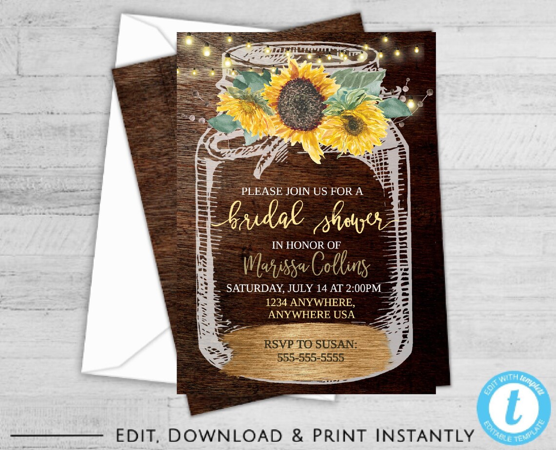 Sunflower Rustic Mason Jar Bridal Shower Invitation Bridal image 1