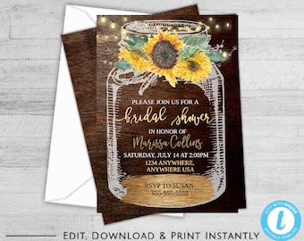 Sunflower Rustic Mason Jar Bridal Shower Invitation, Bridal Shower Invites, sun flower floral , Floral Invites, Bridal Shower Invitation