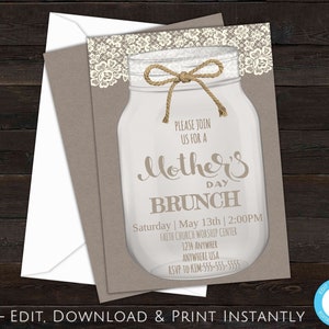 Brunch de la fête des mères, Invitation à la fête des mères, Invitation rustique à la fête des mères, Pot Mason, Arc, Dentelle, Fond en papier kraft, Invitation imprimable