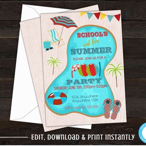 Schools Out For Summer, Pool Party Invitation, Summer Vacation, End of Year Pool Party, Summer Party Invitations, Schools Out Party Invite