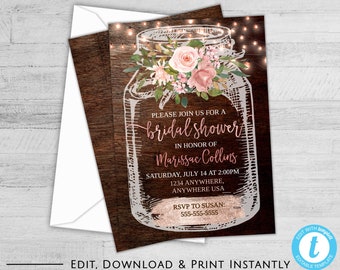 Rustic Bridal Shower Invitation, Mason Jar Bridal Shower Invitation, Bridal Shower Invites, Bridal Shower Invitation, Instant Download