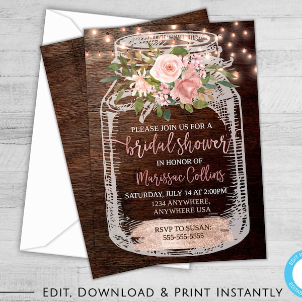 Rustic Bridal Shower Invitation, Mason Jar Bridal Shower Invitation, Bridal Shower Invites, Bridal Shower Invitation, Instant Download