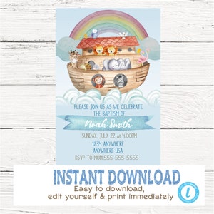 Noahs Ark Baptism invitation, Boys baptism,Boy Baptism Invitation, Printable Baptism Invitation, Edit yourself Instant download, Noah ark