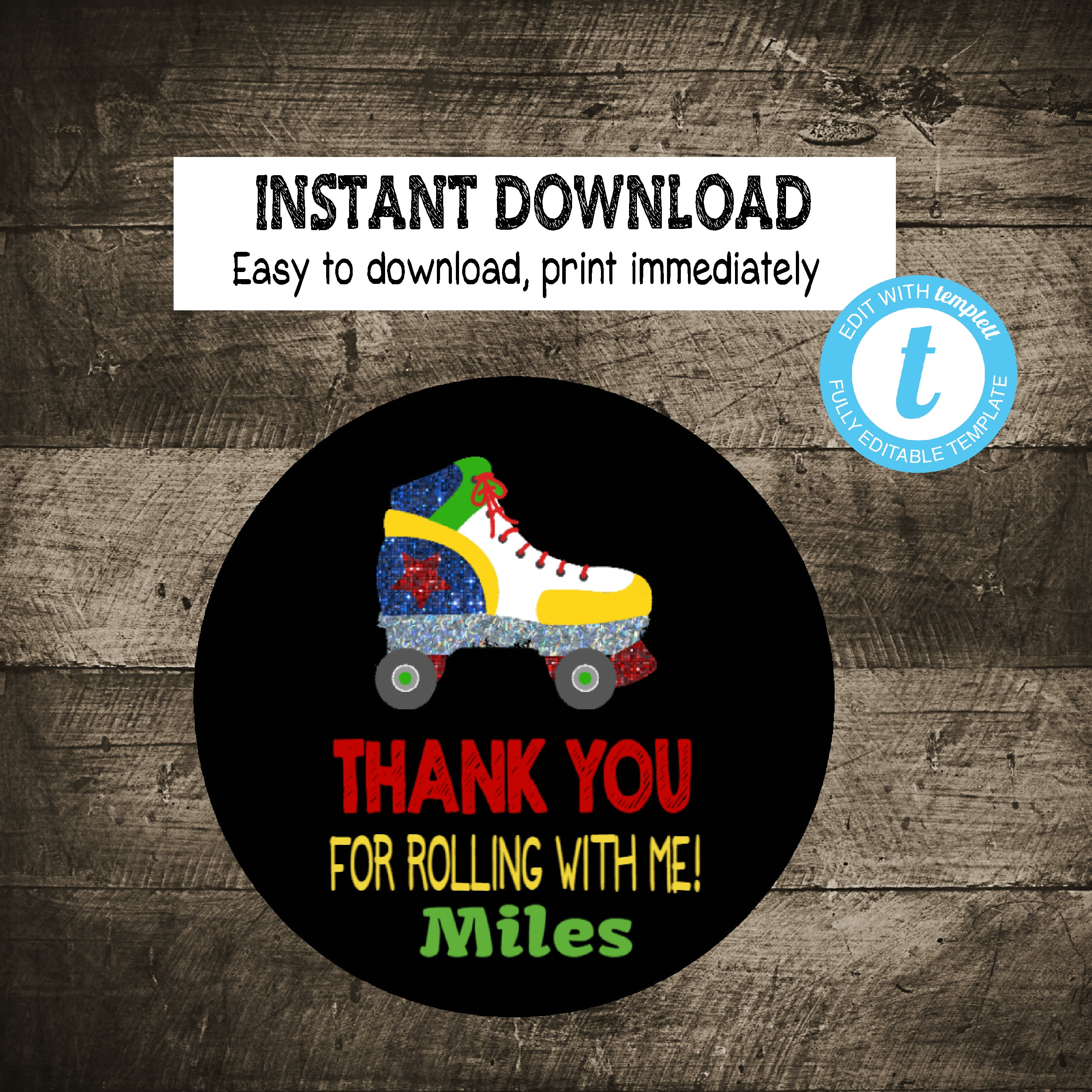 Roller Skating Thank You TAG Edit Yourself Disco Roller Skate Favor ...