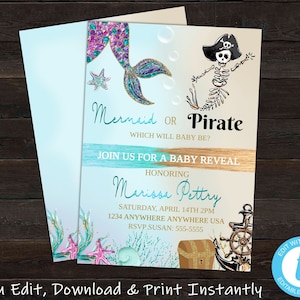 Mermaid or Pirate Gender Reveal Party Invitation, Gender Reveal Invitation, He or She What Will Baby Be, Baby Gender Reveal Instant Download