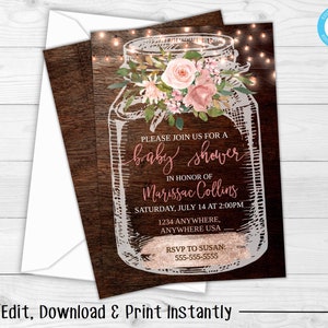 Baby Shower Invitation, Rustic Baby Shower, Mason Jar Baby Shower Invitation, Floral Baby Shower Invitation, Baby Shower Invitation Template