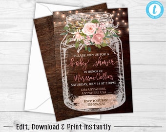 Baby Shower Invitation, Rustic Baby Shower, Mason Jar Baby Shower Invitation, Floral Baby Shower Invitation, Baby Shower Invitation Template