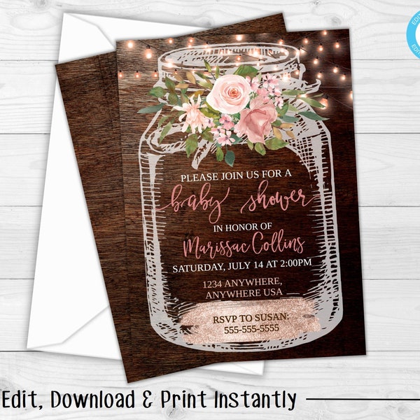 Baby Shower Invitation, Rustic Baby Shower, Mason Jar Baby Shower Invitation, Floral Baby Shower Invitation, Baby Shower Invitation Template