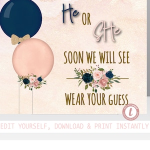 Balloon Gender RevealWHat will Baby be? Sign  Baby Shower, Boy or Girl, He or She, Pink and Blue Balloons, Instant Download