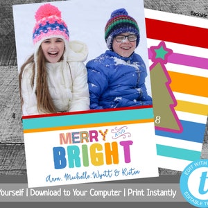 Photo Christmas Card Template, Christmas Card with Photo, Photo Holiday Card, Merry & Bright, Printable Christmas Cards, Colorful Stripes