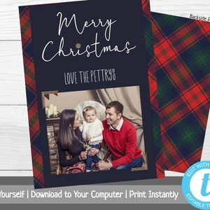 Plaid Christmas Card with Photo, Photo Christmas Card Template, Holiday Card, Merry Christmas, Happy Holidays, Printable Template, Red Plaid