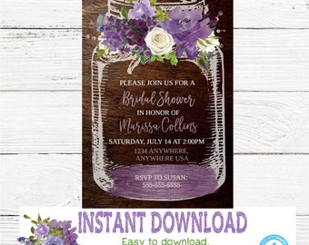 Purple Rustic Mason Jar Bridal Shower Invitation, Country invite, Flower Invitation, Bridal Boho floral Watercolor, Template, You edit DIY