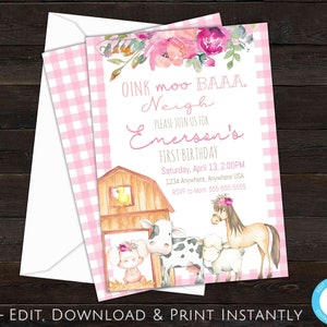 Farm Animals Birthday Invitation, Farm Animals Birthday Party, Barnyard Birthday, Farm Birthday Party, First Birthday Invitation, Gingham
