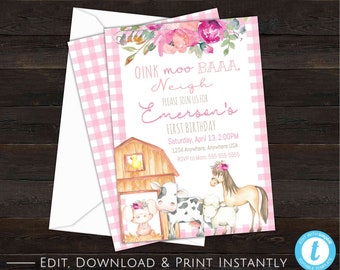 Farm Animals Birthday Invitation, Farm Animals Birthday Party, Barnyard Birthday, Farm Birthday Party, First Birthday Invitation, Gingham