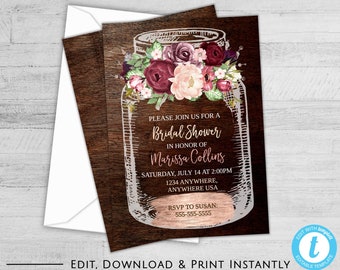 Bridal Shower Invites, Rustic Bridal Shower Invitation, Mason Jar Bridal Shower Invitation, Floral Bridal Shower Invitation, Country Chic