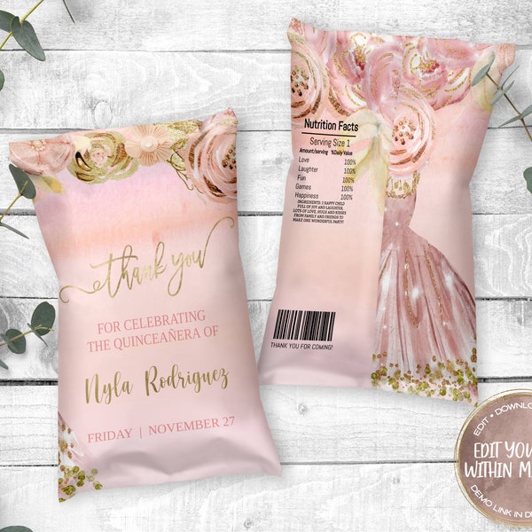 Chip Bag Wrap, Quinceañera, Blush and Gold Florals, Editable Template, Printable Template, Templett, Edit Yourself, Instant Download