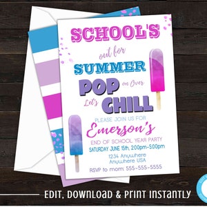 Schools Out Party, Summer Party, Schools Out For Summer, Summer Party Invitations, Popsicle, End of The Year Party Invitation, Watercolor