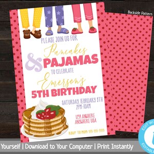 Pancakes and Pajamas, Printable Birthday Party Invitation, Slumber Party Invite, Pink Polka Dots, Editable Template, Pajama Party, PJ Party