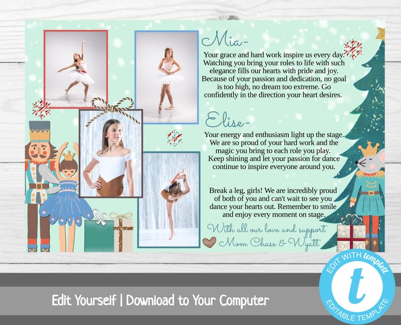 K&ouml;nnte beinhalten: Eine druckbare Weihnachtskarte mit zwei jungen T&auml;nzerinnen vor einem gr&uuml;nen Weihnachtsbaum mit einem Nussknacker-Motiv. Die Karte enth&auml;lt eine personalisierte Nachricht f&uuml;r Mia und Elise, die ihnen viel Gl&uuml;ck f&uuml;r ihre Tanzauftritte w&uuml;nscht. Die Karte enth&auml;lt auch eine Nachricht von Mama, Chase und Wyatt.