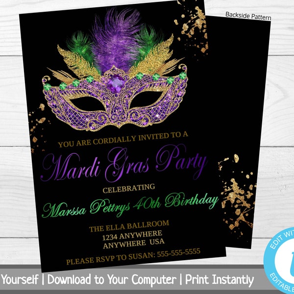 Mardi Gras Birthday Party Invite, Masquerade Birthday Party Invite, Mardi Gras Party Invite, Milestone Birthday Invite, 40th Birthday, 30th