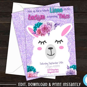 Llama Birthday Invitation, Llama Birthday, Birthday Invites, Glitter Invites, Whole Llama Fun, Succulents, Purple, Printable Invitations