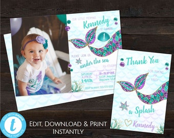 Mermaid Party, Mermaid Photo Invitation, Mermaid Birthday Invitation, Mermaid Thank You Card, Mermaid Party Invite and Thank You, With Photo