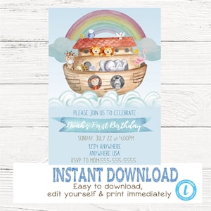 Noahs Ark Birthday invitation, Boys Invite, Noahs Ark Birthday Party, Printable Birthday Invitation, Edit yourself Instant download,