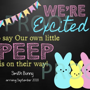 EASTER PREGNANCY ANNOUNCEMENT Peeps, Peep, Our own little, Easter chalkboard, pregnancy reveal, Photo Prop, Edit Yourself Instant download image 2