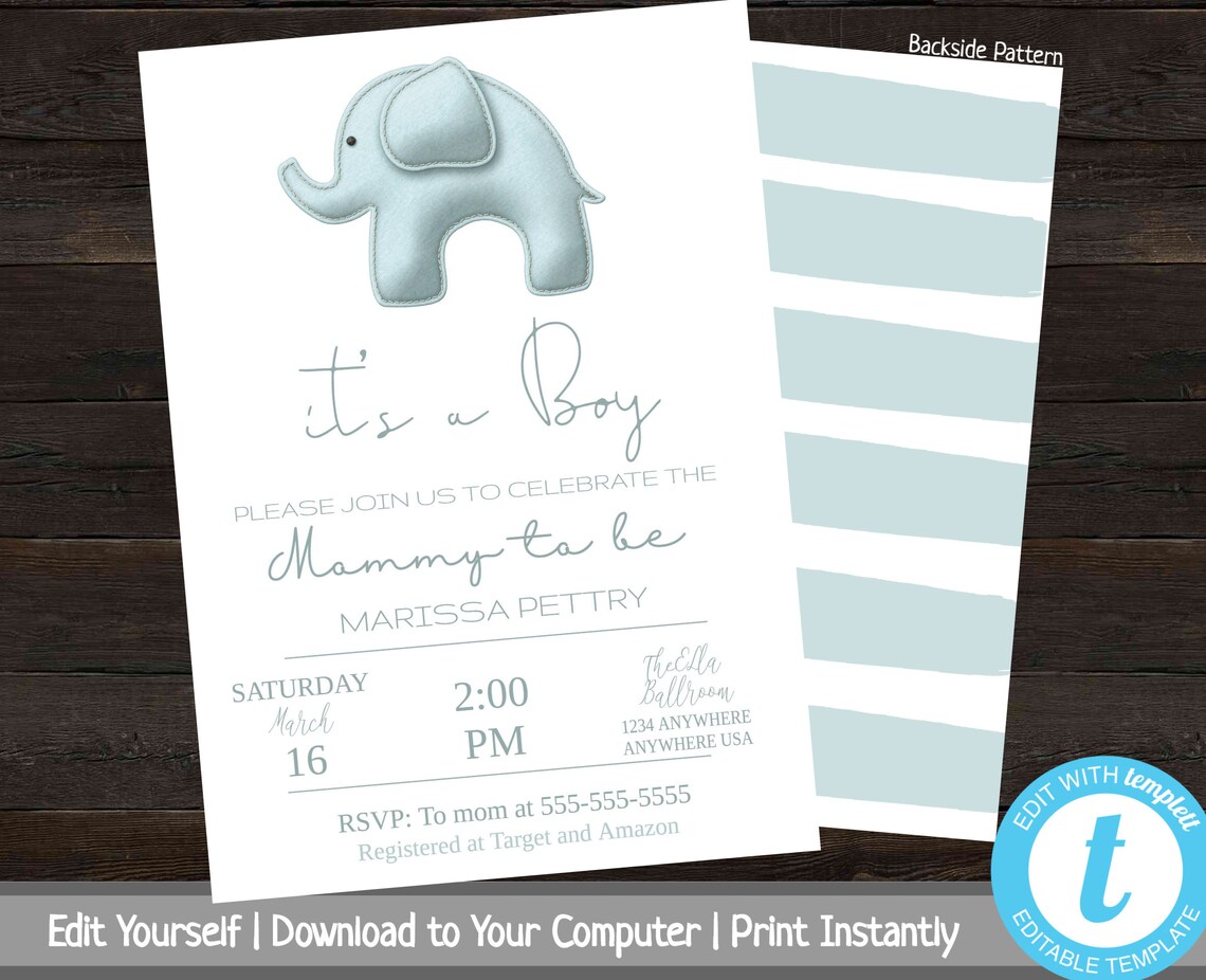 Elephant Baby Shower Invitation Bundle Template Printable | Etsy