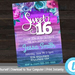 Sweet 16 Party Invitation Template, Printable Birthday Party Invitation, Sweet Sixteen Invite, Floral, Birthday Invitation, Party Invite