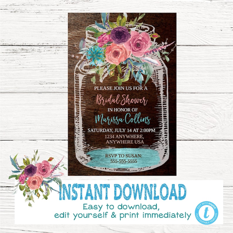 Bridal Shower Rustic Mason Jar Invitation Country Invite Etsy