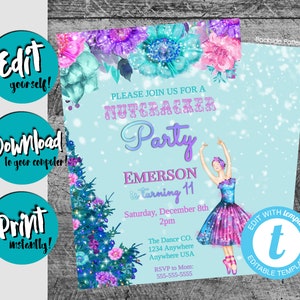 Nutcracker Birthday Invitation, Sugar Plum Fairy Princess Invitation, Instant Download, Christmas Birthday, Winter Birthday, Ballet Birthday