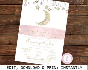 Baby Shower Invitation Girl, Love You to the Moon and Back, Printable Baby Shower Invite, Moon Baby Shower Invitation, Invitation Template