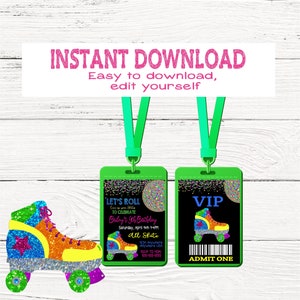 NEON Roller skate Invitation Vip pass | Edit Yourself VIP ticketT, Backstage pass,  Invitation | Birthday Instant Download | Glow 80&#39;s Party