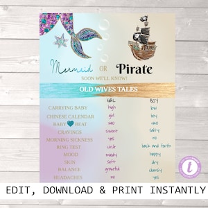 Mermaid or Pirate Gender Reveal Party Sign Old wives tale Gender Reveal, He or She What Will Baby Be, Baby Gender Reveal  Instant download