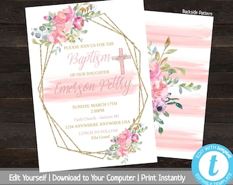 Editable Baptism Invitation, Floral Baptism Invites, Christening Invite, Printable Baptism Invite, Gold, Pink, Baby Dedication Invitation