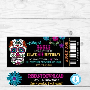 Sugar Skull Ticket Birthday Invitation, Sugar Skull Halloween Invite-Party Costume Party, Dia De Los Muertos, Costume Party You edit digital