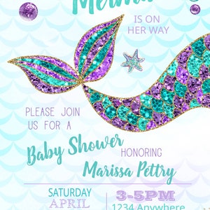 Mermaid Baby Shower Invitation, Mermaid Party, Mermaid Invitation Instant Download, Little Mermaid Is On Her Way, Mermaid Shower Invite image 2