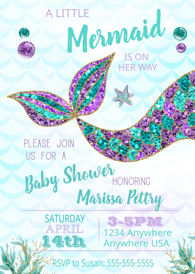 Mermaid Baby Shower Invitation, Mermaid Party, Mermaid Invitation Instant Download, Little Mermaid Is On Her Way, Mermaid Shower Invite image 2