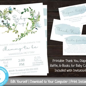 Greenery Baby Shower Invite, Baby Shower Invitation Set, Heart Wreath Shower Invitation Package, Boy Baby Shower Invite, Bundle, Printable
