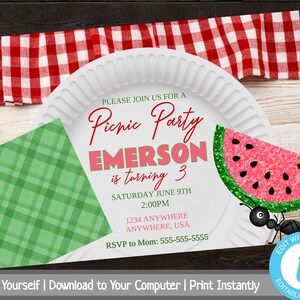 Picnic Party Invitation, Picnic Birthday Party, Printable Birthday Party Invite, Invitation Template, Checkers, Watermelon Invite, Editable
